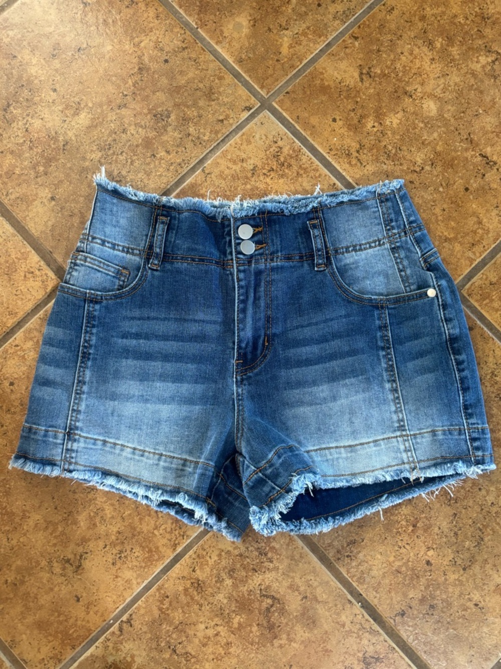 Flamingals High-Rise Frayed Hem Denim Shorts - Blue NEW